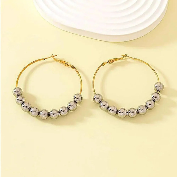 Gold Hoop Silver Ball Earrings, Oversized, Exaggerated, Drop, Dangle, Beaded - Picture 2 of 5